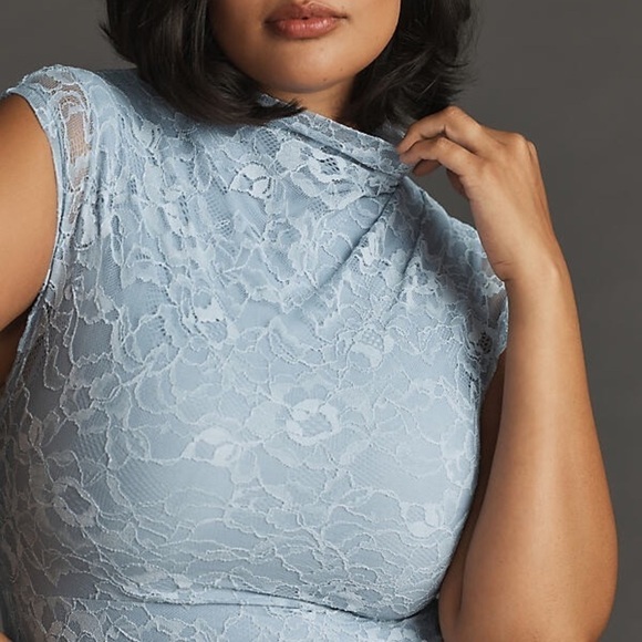 NWT ANTHROPOLOGIE The Maya Ruched Cowl-Neck Lace Dress in Light Blue Sz M - Picture 5 of 7